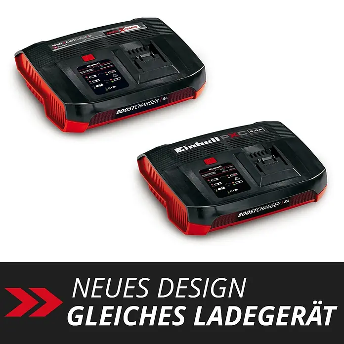 Einhell Power X-Change 18V Akku-Ladegerät Power X-Boostcharger 8A - Ladespannung: 18 V - Abbildung von zwei Einhell Power X-Change 18V 8A Ladegeräten in Schwarz und Rot.