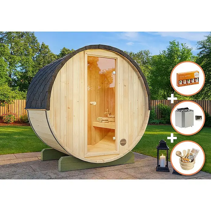 FinnTherm Fasssauna Comfort Set Mini XXS - Elektroofen, Holz - Abgebildet ist eine Fasssauna mit Zubehör, die Entspannung und Wellness für zu Hause verspricht. Ein echter Hingucker für jeden Garten!