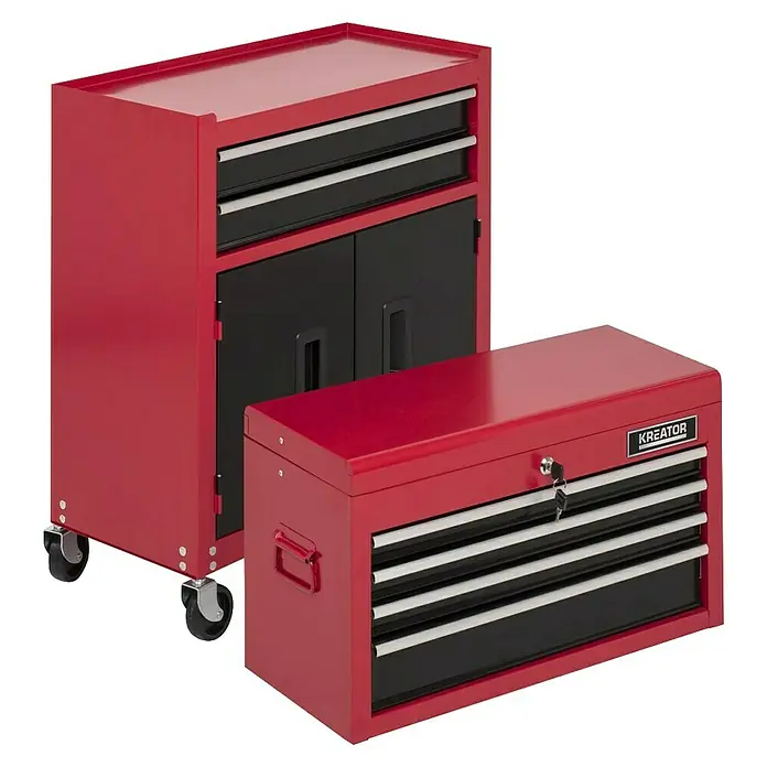 Kreator Carro portaherramientas KRT653005 - L x An x Al: 32,5 x 64 x 64 cm, Número de cajones: 6 ud. - La imagen muestra un carro de herramientas y una caja de herramientas rojos de la marca Kreator. Ambos artículos son de metal.