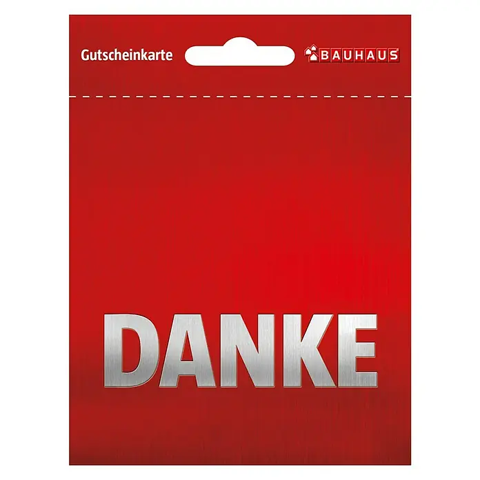 Gutscheinkarte - Per Postversand, 20 Euro, Werkzeugkasten - Bauhaus Gutscheinkarte mit der Aufschrift "DANKE" in silberner Schrift auf rotem Hintergrund. Perfekt als Geschenk für Heimwerker!