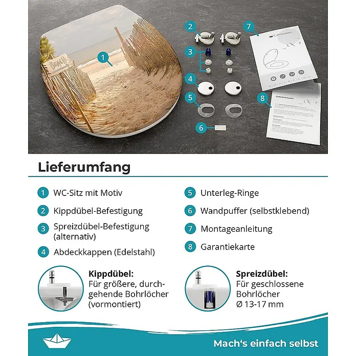 Calmwaters WC-Sitz Motiv Sandstrand - Duroplast, Mehrfarbig, Mit Absenkautomatik - Toilettensitz mit Strandmotiv und Zubehör zur Befestigung, inklusive Montageanleitung und Garantiekarte für eine einfache Installation.