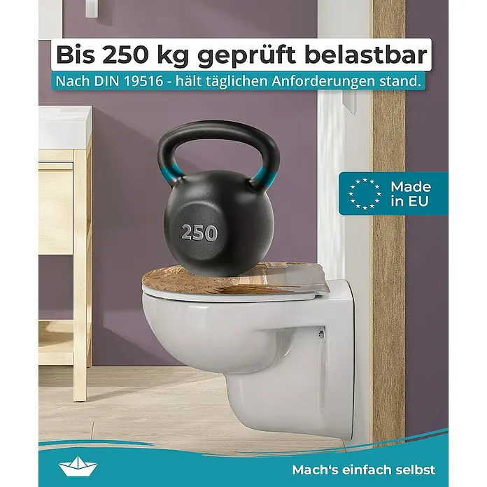 Calmwaters WC-Sitz Motiv Sandstrand - Duroplast, Mehrfarbig, Mit Absenkautomatik - Das Bild zeigt eine Toilette, die mit einem 250 kg Gewicht belastet wird, um ihre Stabilität und Belastbarkeit zu demonstrieren.