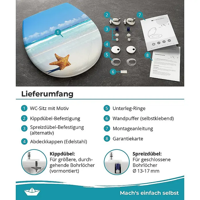 Calmwaters WC-Sitz Motiv Seestern - Duroplast, Mehrfarbig, Mit Absenkautomatik - WC-Sitz mit Strandmotiv und Zubehör: Kippdübel, Spreizdübel, Abdeckkappen, Unterleg-Ringe, Wandpuffer, Montageanleitung und Garantiekarte.