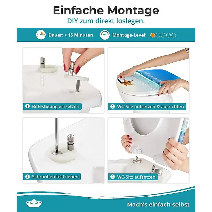 Calmwaters WC-Sitz Motiv Seestern - Duroplast, Mehrfarbig, Mit Absenkautomatik - Bild einer Schritt-für-Schritt-Anleitung zur Montage eines WC-Sitzes.