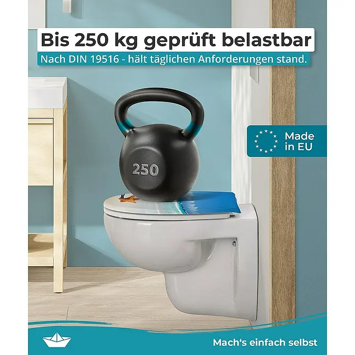 Calmwaters WC-Sitz Motiv Seestern - Duroplast, Mehrfarbig, Mit Absenkautomatik - Dieses Bild zeigt eine Toilette, die mit einem Gewicht von 250 kg belastet ist und somit die Stabilität des Produkts hervorhebt.