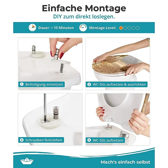 Calmwaters WC-Sitz Motiv Sandstrand - Duroplast, Mehrfarbig, Mit Absenkautomatik - Anleitung zur einfachen Montage eines WC-Sitzes mit Schritt-für-Schritt-Anleitung und einer geschätzten Zeit von weniger als 15 Minuten.