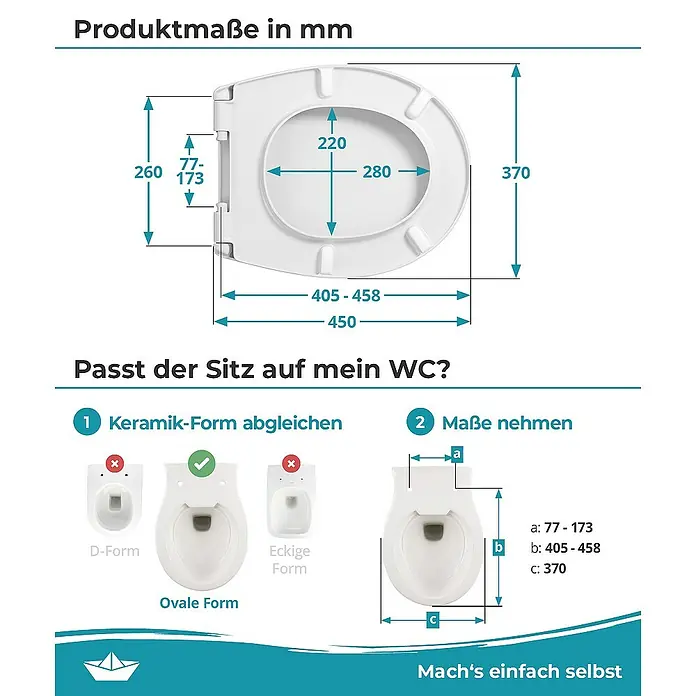 Calmwaters WC-Sitz Motiv Seestern - Duroplast, Mehrfarbig, Mit Absenkautomatik - Produktmaße in mm: Abbildung eines Toilettensitzes mit Maßangaben zur Bestimmung, ob der Sitz auf Ihre Toilette passt.