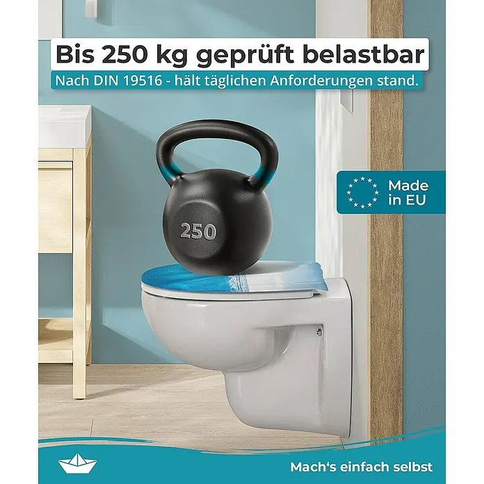 Calmwaters WC-Sitz Motiv Meeresglanz - Duroplast, Mehrfarbig, Mit Absenkautomatik - Bild einer Toilette, die mit einem 250 kg schweren Gewicht belastet ist, um ihre Stabilität und Belastbarkeit zu demonstrieren.
