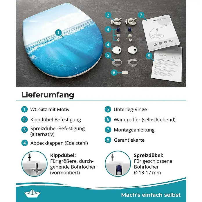 Calmwaters WC-Sitz Motiv Meeresglanz - Duroplast, Mehrfarbig, Mit Absenkautomatik - Bild eines WC-Sitzes mit Motiv und Zubehör, einschließlich Befestigungen, Unterlegringen, Wandpuffern, Montageanleitung und Garantiekarte.