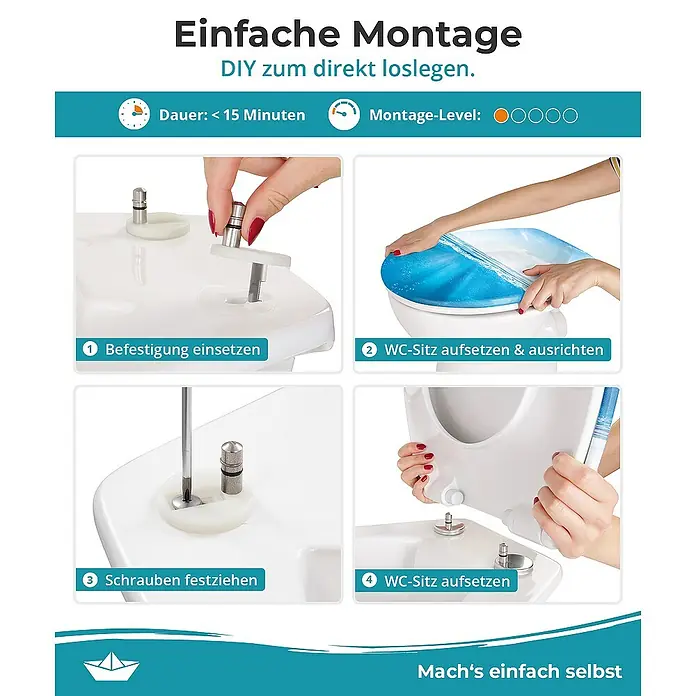 Calmwaters WC-Sitz Motiv Meeresglanz - Duroplast, Mehrfarbig, Mit Absenkautomatik - Montageanleitung für einen WC-Sitz mit vier Schritten und der Aufschrift "Mach's einfach selbst".