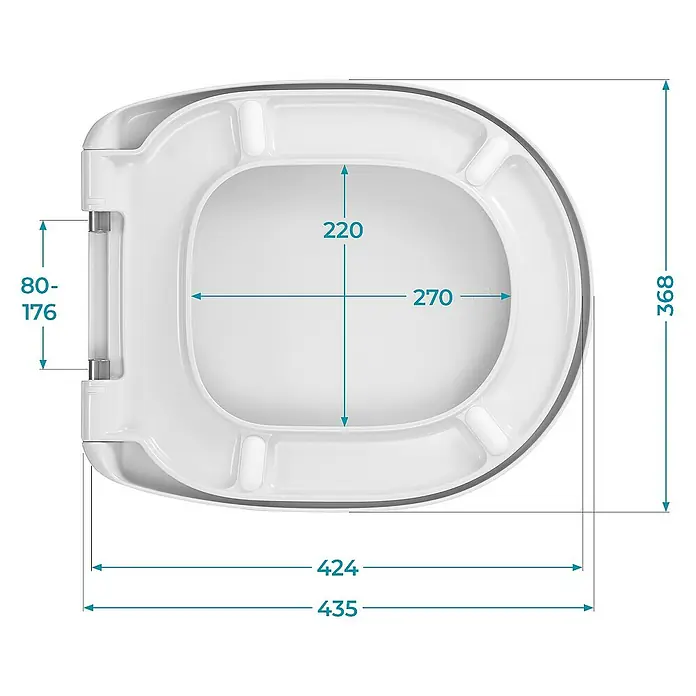 Calmwaters WC-Sitz Ideal Standard Connect - Duroplast, Weiß, Mit Absenkautomatik - Detaillierte Ansicht einer weißen Toilettenbrille mit Maßangaben für ihre Abmessungen.