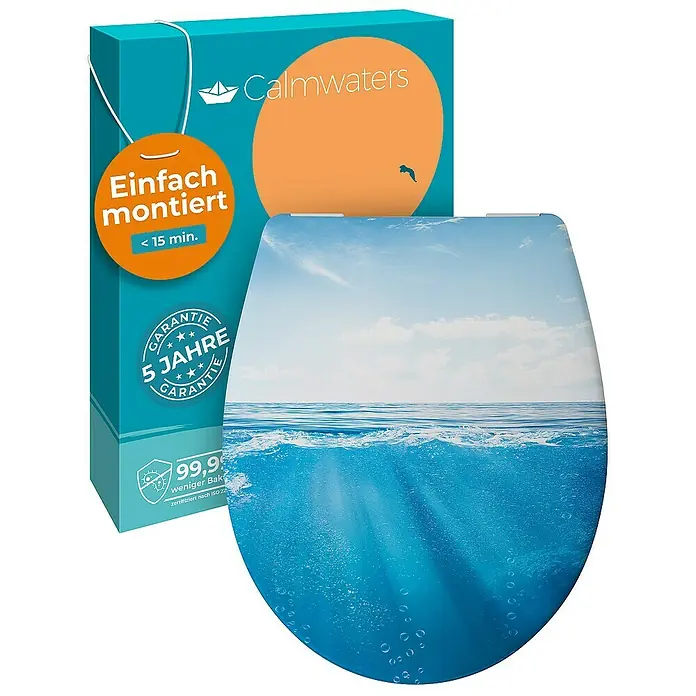 Calmwaters WC-Sitz Motiv Meeresglanz - Duroplast, Mehrfarbig, Mit Absenkautomatik - Toilettensitz mit Meeresmotiv und Produktverpackung.