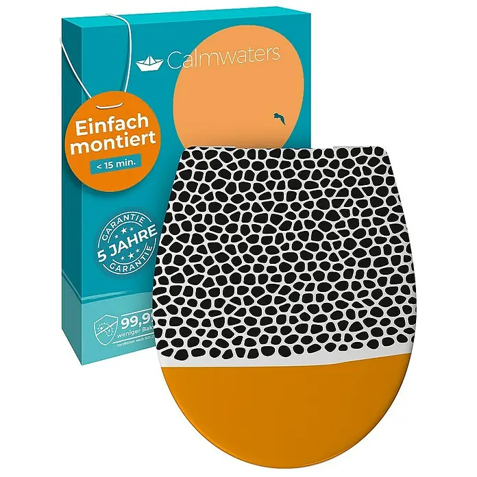 Calmwaters WC-Sitz Motiv Animal Print - Duroplast, Mehrfarbig, Mit Absenkautomatik - Das Bild zeigt einen Calmwaters WC-Sitz mit einem auffälligen, schwarz-weiß gepunkteten Muster und einem orangefarbenen unteren Teil.