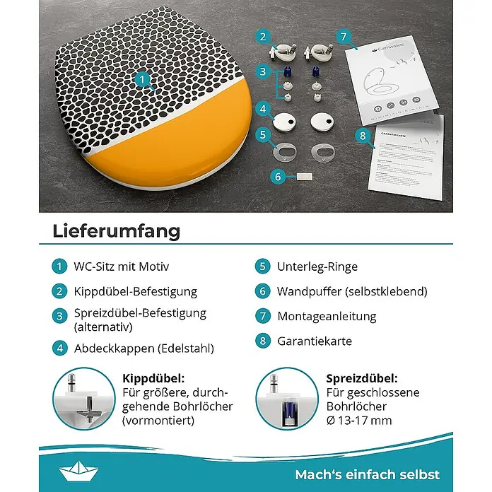 Calmwaters WC-Sitz Motiv Animal Print - Duroplast, Mehrfarbig, Mit Absenkautomatik - WC-Sitz mit auffälligem Muster und Montagezubehör. Inklusive Befestigungen, Unterleg-Ringe, Wandpuffer und Anleitungen für die Installation.