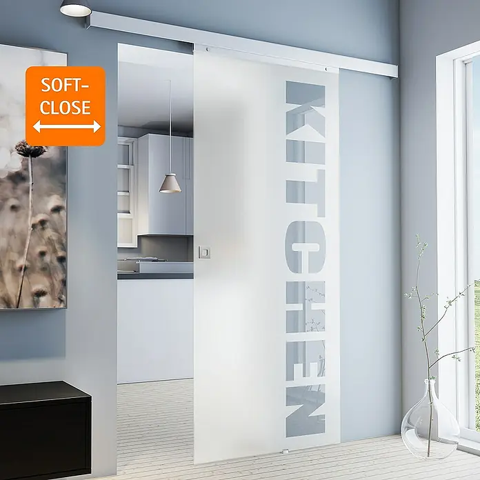Inova Schiebetür-Komplettset Glasschiebetür ESG teil satiniert 880 x 2035 mm mit Softclose - 880 x 2.035 mm - Elegante Glasschiebetür mit dem Wort "KITCHEN", die den Zugang zur Küche stilvoll gestaltet. Soft-Close Funktion für sanftes Schließen.