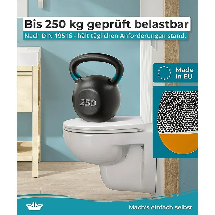 Calmwaters WC-Sitz Motiv Animal Print - Duroplast, Mehrfarbig, Mit Absenkautomatik - Das Bild zeigt eine Toilette, die mit einem Gewicht von 250 kg belastet wird, um ihre Stabilität und Belastbarkeit zu demonstrieren.
