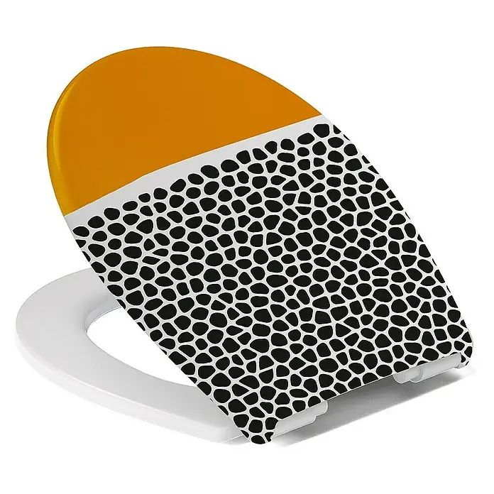 Calmwaters WC-Sitz Motiv Animal Print - Duroplast, Mehrfarbig, Mit Absenkautomatik - Ein auffälliger WC-Sitz mit gelbem Oberteil und einem schwarz-weiß gemusterten Unterteil, der das Badezimmerdesign aufwertet.