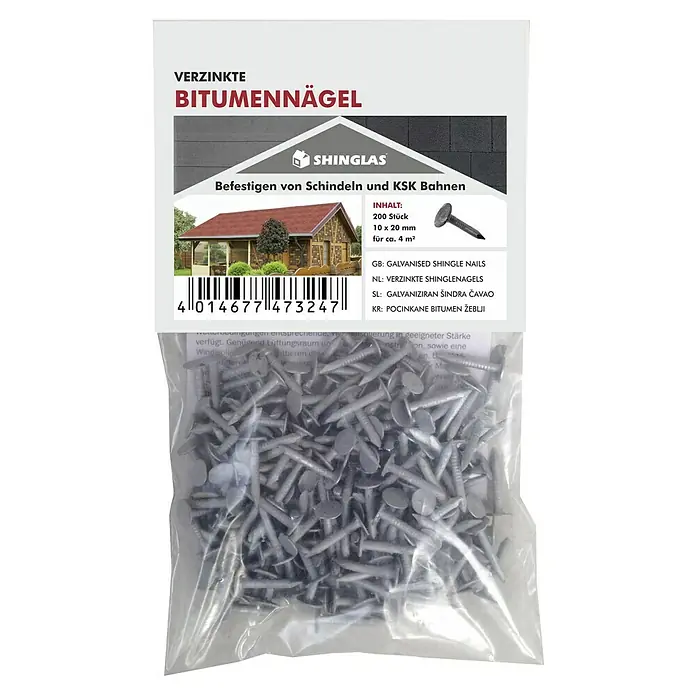 Dachpapp-Stifte - 200 Stk., Stahl, Einsatzbereich: Dach - Verzinkte Bitumennägel in einer transparenten Verpackung. Ideal zum Befestigen von Schindeln und KSK Bahnen.