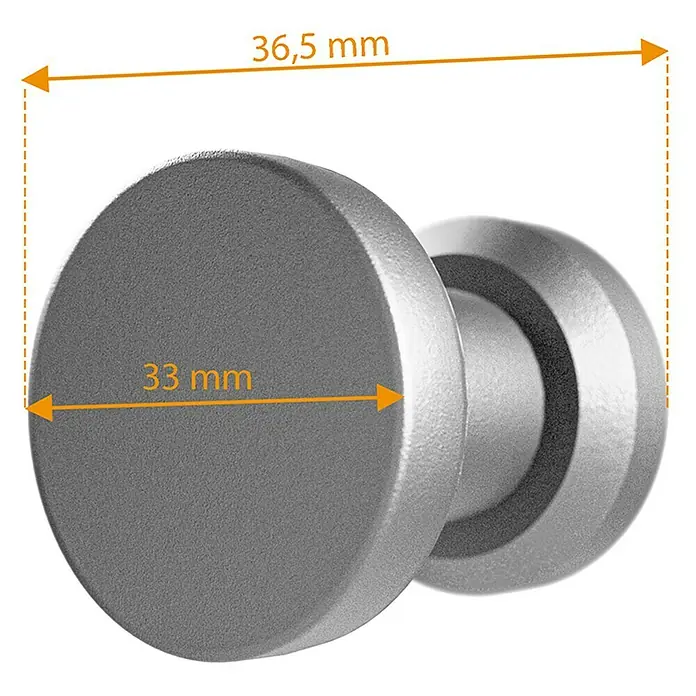 Inova Schiebetür-Komplettset KITCHEN Komplettset inkl. Softclose - 880 x 2.035 mm - Bild einer runden silbernen Schubladenknopf mit Abmessungen, 36,5 mm x 33 mm.