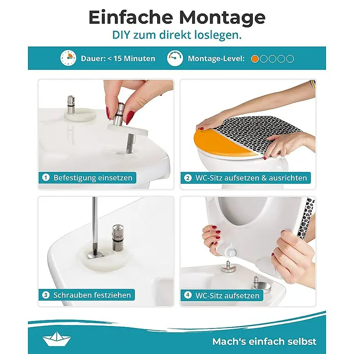 Calmwaters WC-Sitz Motiv Animal Print - Duroplast, Mehrfarbig, Mit Absenkautomatik - Aufbauanleitung für einen WC-Sitz: Einfache Montage in 4 Schritten. Schnelle DIY-Installation.