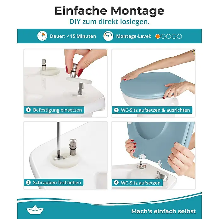 Calmwaters WC-Sitz Original - Duroplast, Blau, Mit Absenkautomatik - Bild zeigt die Montageanleitung eines WC-Sitzes. Die einfache Montage in 4 Schritten wird mit anschaulichen Bildern erläutert.