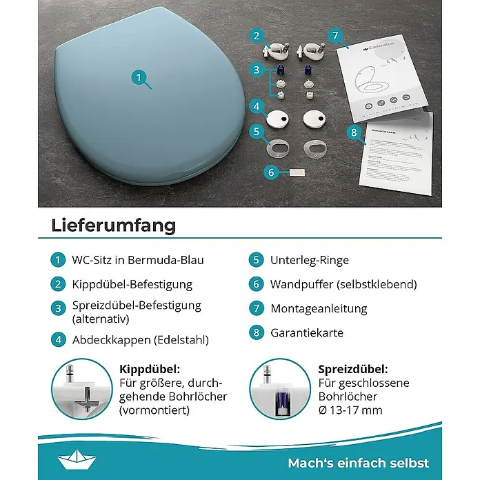 Calmwaters WC-Sitz Original - Duroplast, Blau, Mit Absenkautomatik - WC-Sitz in Bermuda-Blau mit Befestigungsmaterial und Anleitungen. Das Set beinhaltet alles für die Montage und eine Garantiekarte.