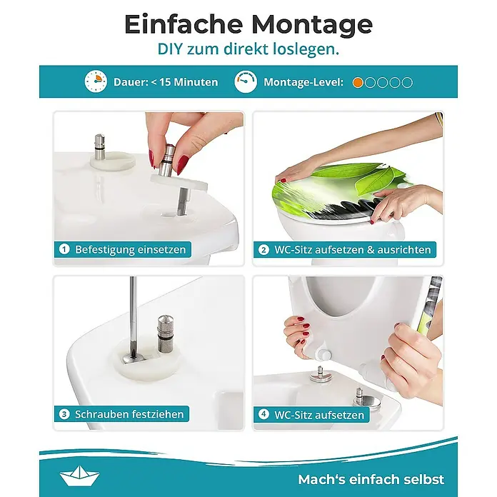 Calmwaters WC-Sitz Motiv Wellness Oase - Duroplast, Mehrfarbig, Mit Absenkautomatik - Anleitung zur einfachen Montage eines WC-Sitzes, DIY-Projekt für den sofortigen Einsatz mit klaren Schritten.