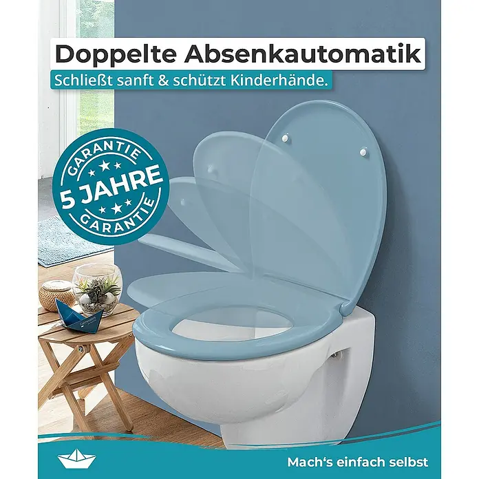 Calmwaters WC-Sitz Original - Duroplast, Blau, Mit Absenkautomatik - Das Bild zeigt einen blauen Toilettensitz mit Absenkautomatik, der sanft schließt und Kinderhände schützt. 5 Jahre Garantie inklusive.