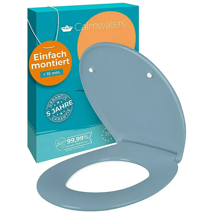 Calmwaters WC-Sitz Original - Duroplast, Blau, Mit Absenkautomatik - Hellblauer Calmwaters WC-Sitz mit Soft-Close-Funktion vor einem blauen Karton mit Garantie- und Montagehinweisen.