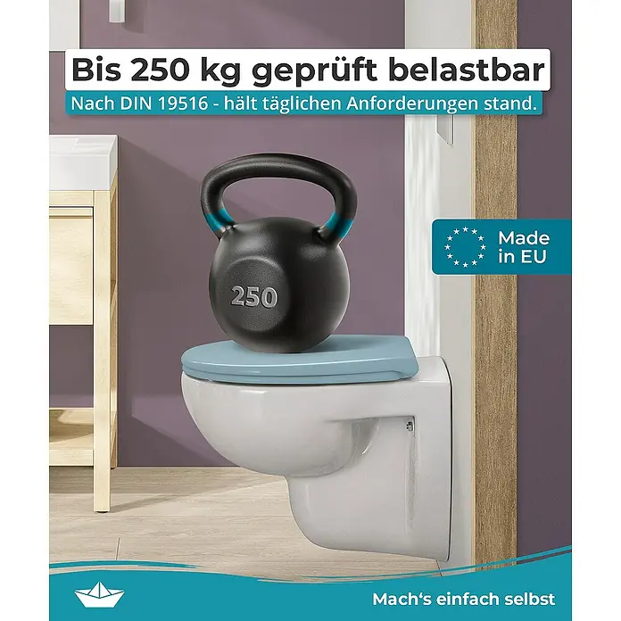 Calmwaters WC-Sitz Original - Duroplast, Blau, Mit Absenkautomatik - Wand-WC-Garnitur mit einem Gewicht von 250 kg, geprüft auf Belastbarkeit nach DIN 19516. Hochwertiges Produkt, hergestellt in der EU.