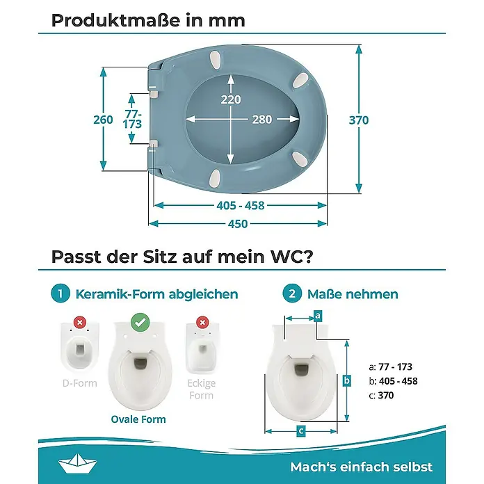 Calmwaters WC-Sitz Original - Duroplast, Blau, Mit Absenkautomatik - Produktmaße eines WC-Sitzes in mm und Anleitung zur Bestimmung, ob der Sitz auf die Toilette passt, inklusive Formvergleich und Maßangaben.