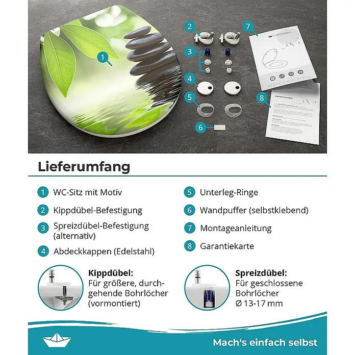 Calmwaters WC-Sitz Motiv Wellness Oase - Duroplast, Mehrfarbig, Mit Absenkautomatik - WC-Sitz mit Motiv und Zubehör. Der WC-Sitz zeigt ein beruhigendes Zen-Motiv mit Blättern und Steinen im Wasser.