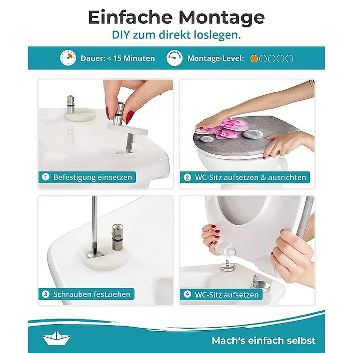 Calmwaters WC-Sitz Motiv Wellness Orchidee - Duroplast, Mehrfarbig, Mit Absenkautomatik - Anleitung zur einfachen Montage eines WC-Sitzes, DIY-Projekt.