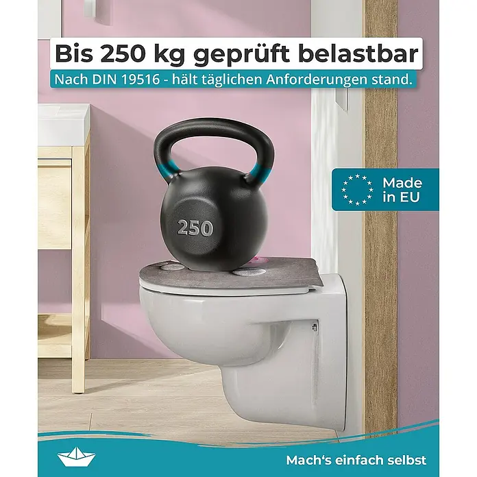 Calmwaters WC-Sitz Motiv Wellness Orchidee - Duroplast, Mehrfarbig, Mit Absenkautomatik - Das Bild zeigt eine Toilette, die mit einem 250 kg Gewicht belastet wird, um ihre Stabilität und Belastbarkeit zu demonstrieren.