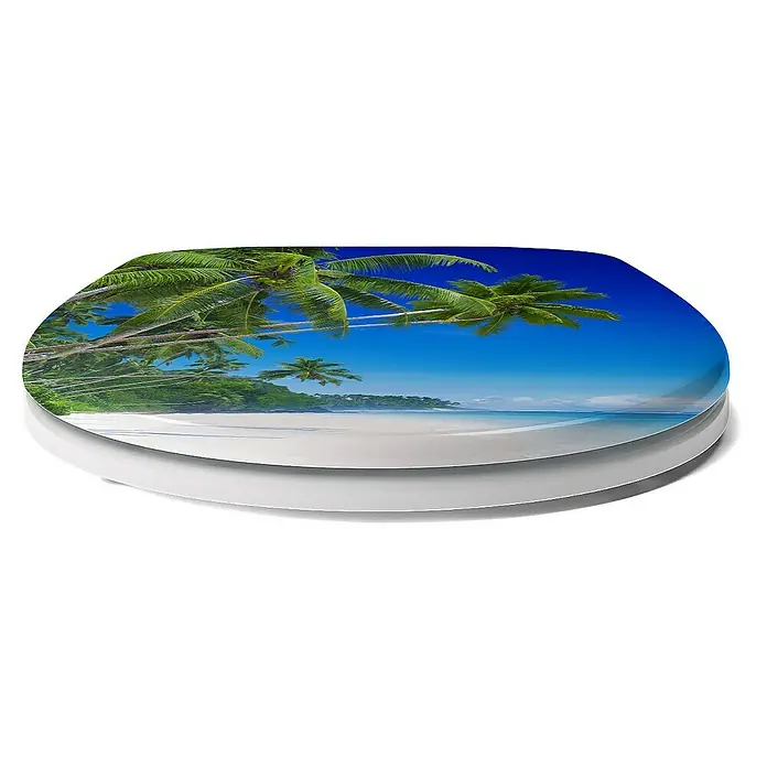 Calmwaters WC-Sitz Motiv Palmenparadies - Duroplast, Mehrfarbig, Mit Absenkautomatik - Ein WC-Sitz mit einem farbenfrohen Strandmotiv mit Palmen, blauem Himmel und weißem Sand. Ideal für eine entspannte Badezimmeratmosphäre.