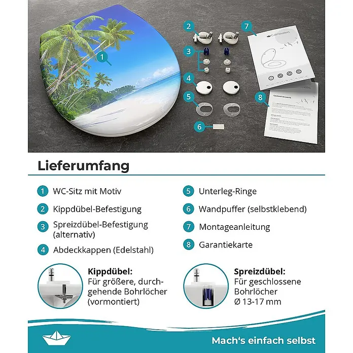 Calmwaters WC-Sitz Motiv Palmenparadies - Duroplast, Mehrfarbig, Mit Absenkautomatik - WC-Sitz mit tropischem Motiv, Befestigungsmaterial und Anleitungen. Ideal, um Ihrem Badezimmer einen Hauch von Urlaub zu verleihen.