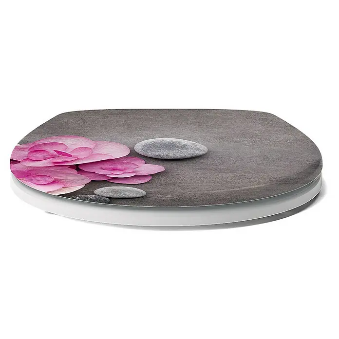 Calmwaters WC-Sitz Motiv Wellness Orchidee - Duroplast, Mehrfarbig, Mit Absenkautomatik - WC-Sitz mit grauem Steinmuster und rosa Blüten für ein stilvolles Bad.