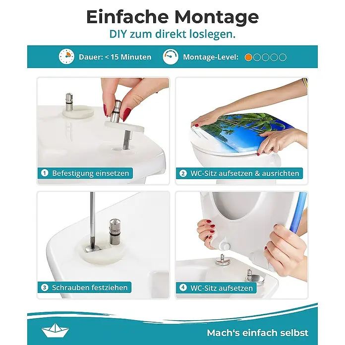 Calmwaters WC-Sitz Motiv Palmenparadies - Duroplast, Mehrfarbig, Mit Absenkautomatik - Bild einer Montageanleitung für einen WC-Sitz mit den Schritten: Befestigung einsetzen, WC-Sitz aufsetzen & ausrichten, Schrauben festziehen.