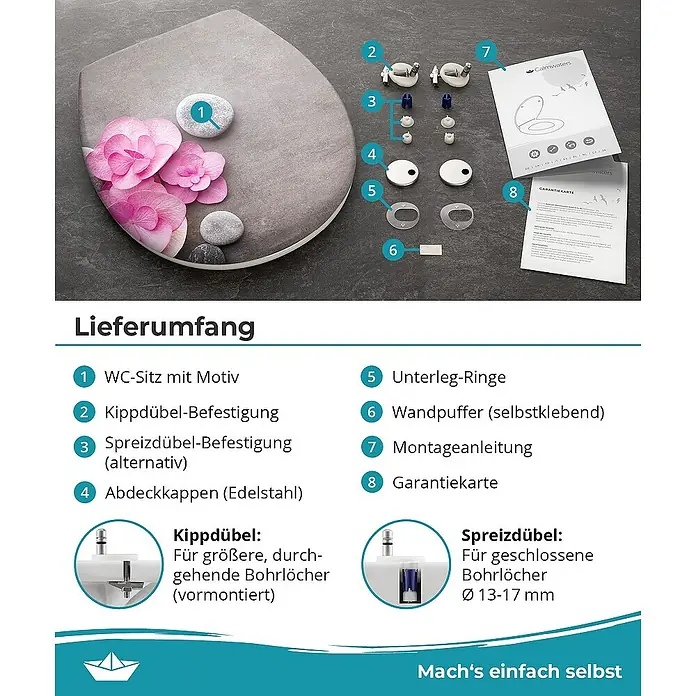 Calmwaters WC-Sitz Motiv Wellness Orchidee - Duroplast, Mehrfarbig, Mit Absenkautomatik - WC-Sitz mit Motiv und Zubehör: Kippdübel- und Spreizdübel-Befestigungen, Abdeckkappen, Unterleg-Ringe, Wandpuffer, Montageanleitung und Garantiekarte.
