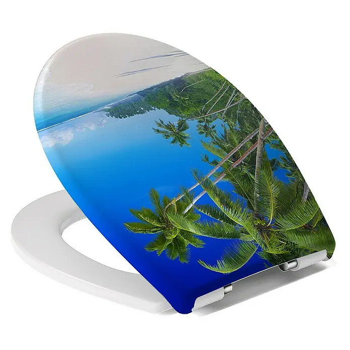 Calmwaters WC-Sitz Motiv Palmenparadies - Duroplast, Mehrfarbig, Mit Absenkautomatik - Toilettendeckel mit einem tropischen Strandmotiv mit Palmen und blauem Himmel für eine entspannte Badezimmeratmosphäre.