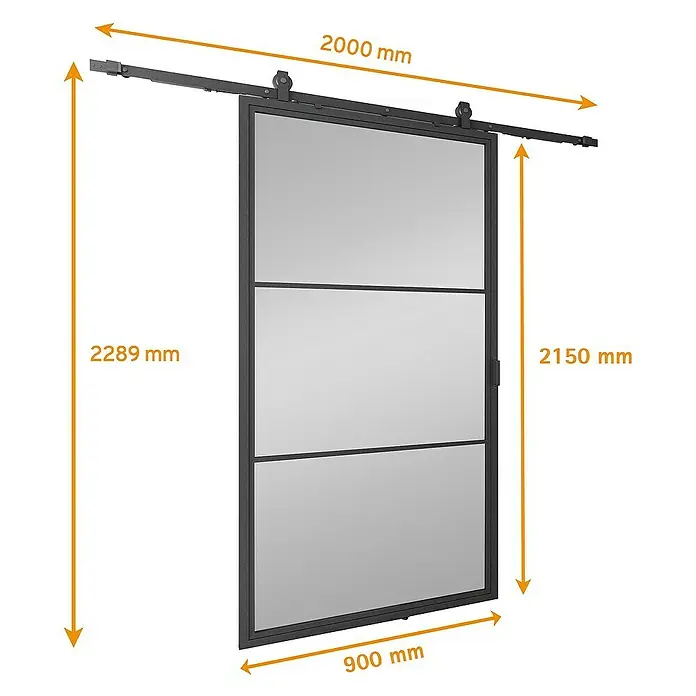 Inova Glasschiebetür Stahl Loft Grauglas Komplettset 3 Felder schwarz inkl. Softclose - 900 x 2.150 mm, Grauglas - Abbildung einer Schiebetür mit Maßen. Die Tür ist schwarz umrandet und in drei Felder unterteilt.