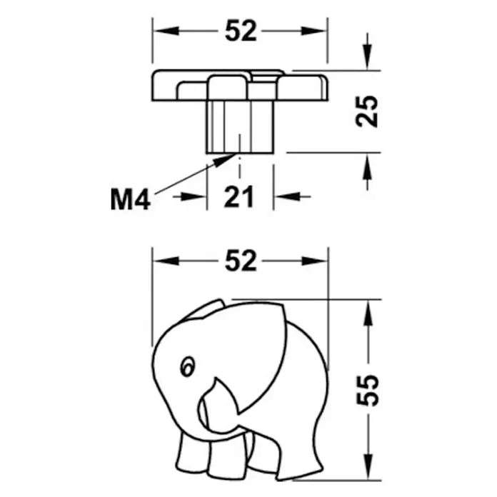 Häfele Pomo infantil para mueble - Tipo de tirador del mueble: Botón, Ø x Al: 52 x 55 mm, Plástico, Verde, Características del diseño: Elefante - Dibujo técnico de un tirador para muebles con forma de elefante que muestra las medidas para la instalación y el tamaño general.