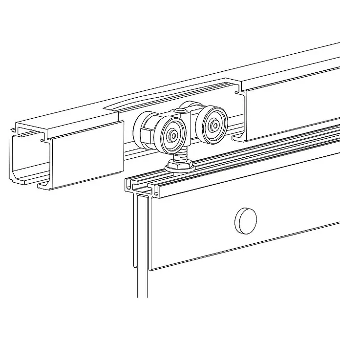 Inova Glasschiebetür Satiniert Komplettset 10 Felder schwarz - Klarglas - Das Bild zeigt ein Schiebetürsystem mit Rollenaufhängung in einer linearen Darstellung. Ideal für moderne Raumgestaltung.
