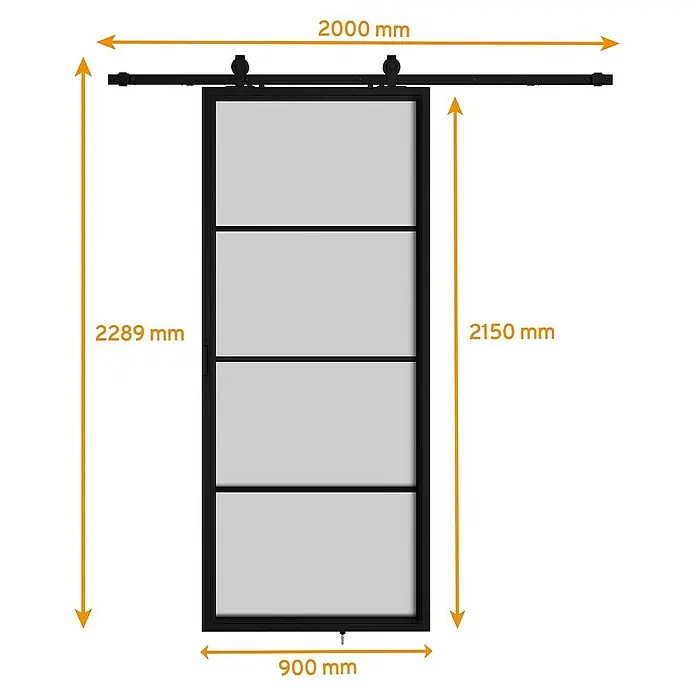 Inova Glasschiebetür Stahl Loft Satiniert Komplettset 4 Felder schwarz inkl. Softclose - Satiniertes Glas - Abbildung einer Glasschiebetür mit schwarzen Rahmen und Maßangaben. Ideal für moderne Innenräume mit klaren Linien.