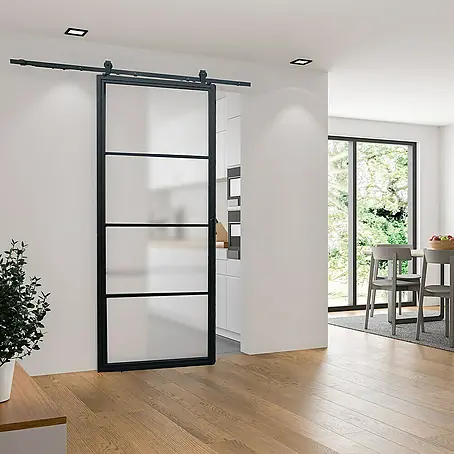 Inova  Glasschiebetür Stahl Loft Satiniert Komplettset 4 Felder schwarz inkl. Softclose