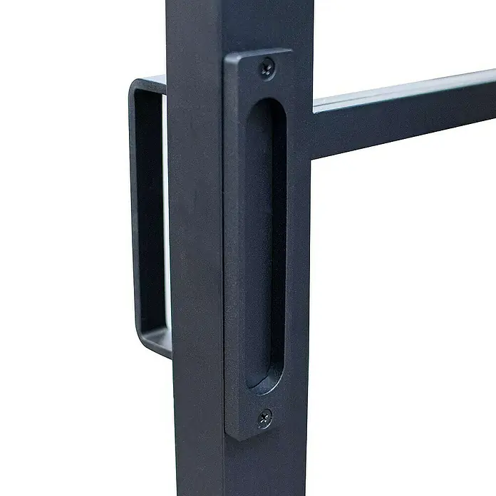Inova Glasschiebetür Stahl Loft Klarglas Komplettset 3 Felder schwarz inkl. Softclose - Klarglas - Detailansicht eines schwarzen Metallrahmens mit Griff und Schrauben, der die robuste Bauweise und das schlichte Design des Produkts hervorhebt.