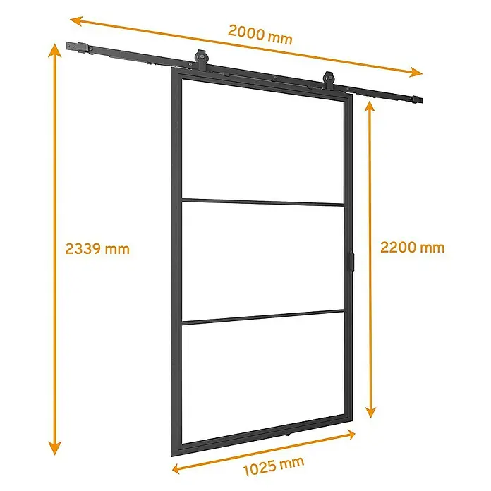 Inova Glasschiebetür Stahl Loft Klarglas Komplettset 3 Felder schwarz inkl. Softclose - Klarglas - Scheunentür mit Rahmen und den Maßen 2000 mm x 2339 mm (gesamte Höhe) bzw. 2200 mm (Türhöhe) x 1025 mm.