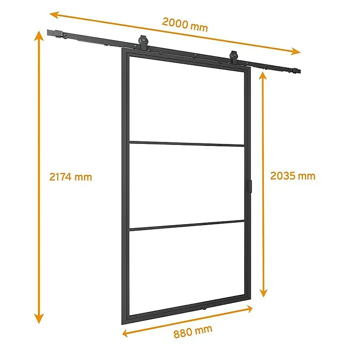 Inova Glasschiebetür Stahl Loft Klarglas Komplettset 3 Felder schwarz inkl. Softclose - Klarglas - Bild einer schwarzen Schiebetür mit den Maßen 2000 mm x 880 mm x 2174 mm.