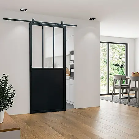 Inova  Glasschiebetür Stahl Satiniert Komplettset 3 Felder Kickplatte schwarz inkl. Softclose