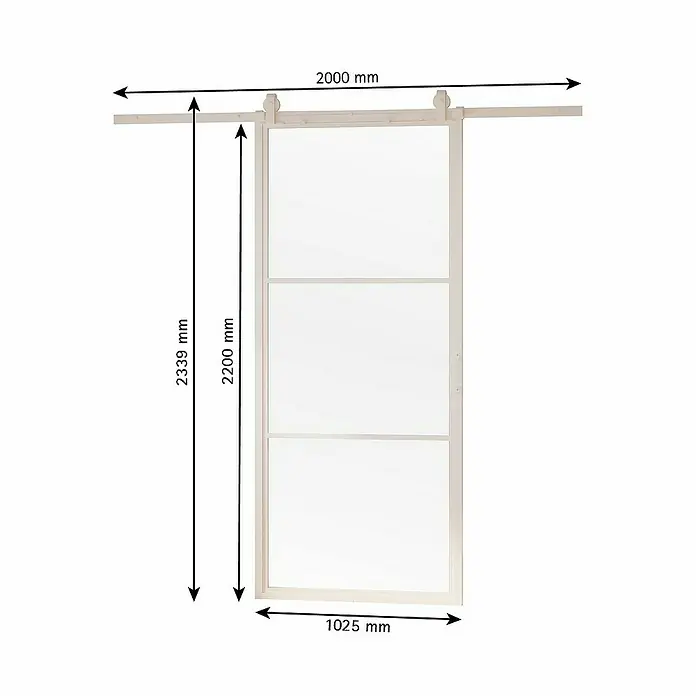 Inova Glasschiebetür Lofttür Klarglas Komplettset 3 Felder weiß - 1.025 x 2.200 mm, Klarglas - Abbildung einer Glasschiebetür mit Rahmen und Größenangaben. Die Tür ist dreigeteilt und hängt an einer Laufschiene.